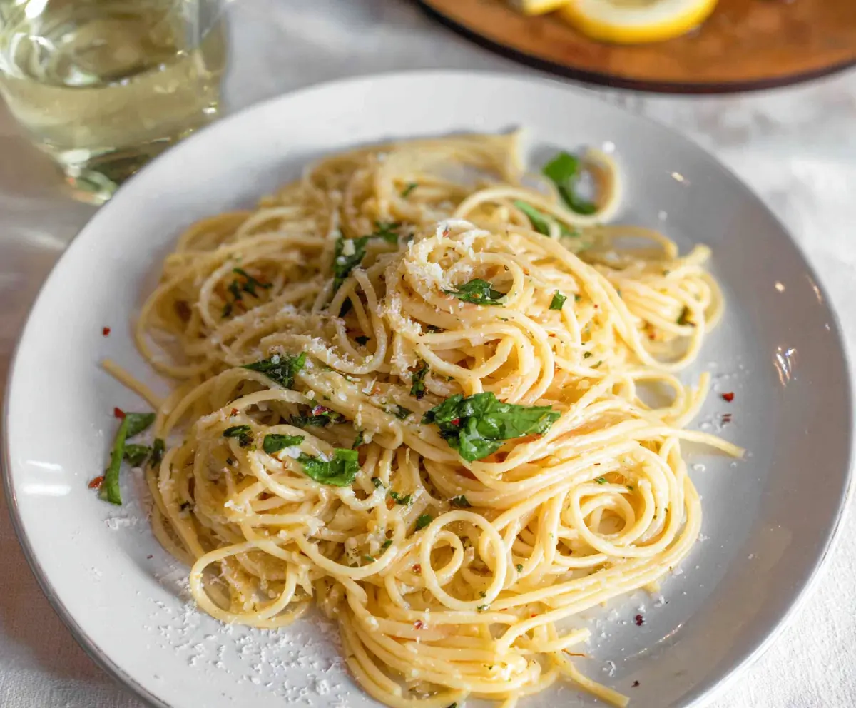 Delicious lemon butter garlic pasta served in a white bowl, garnished with fresh herbs.