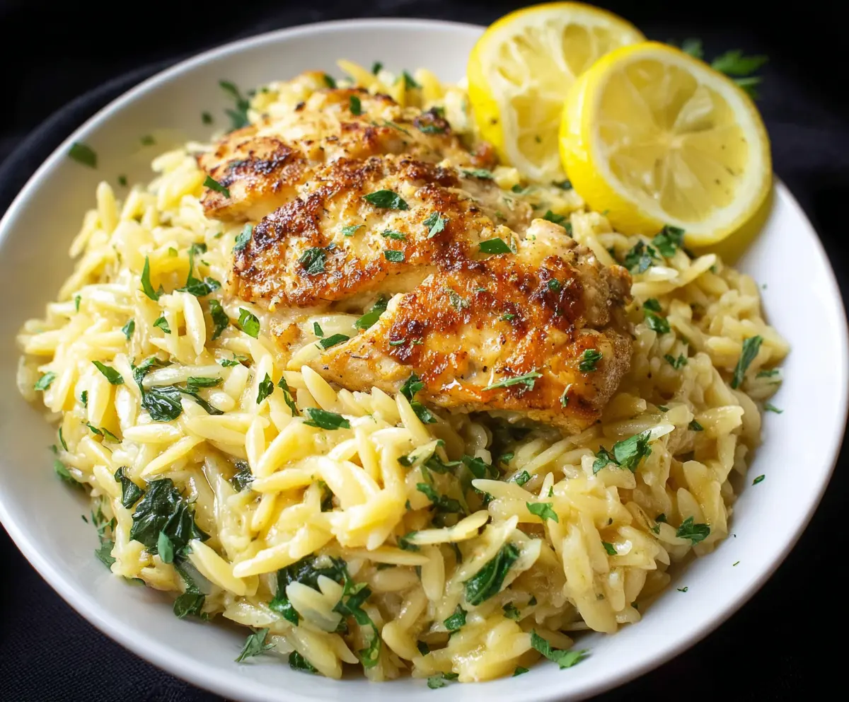 Delicious Lemon Chicken and Orzo Pasta dish garnished with fresh herbs on a plates.