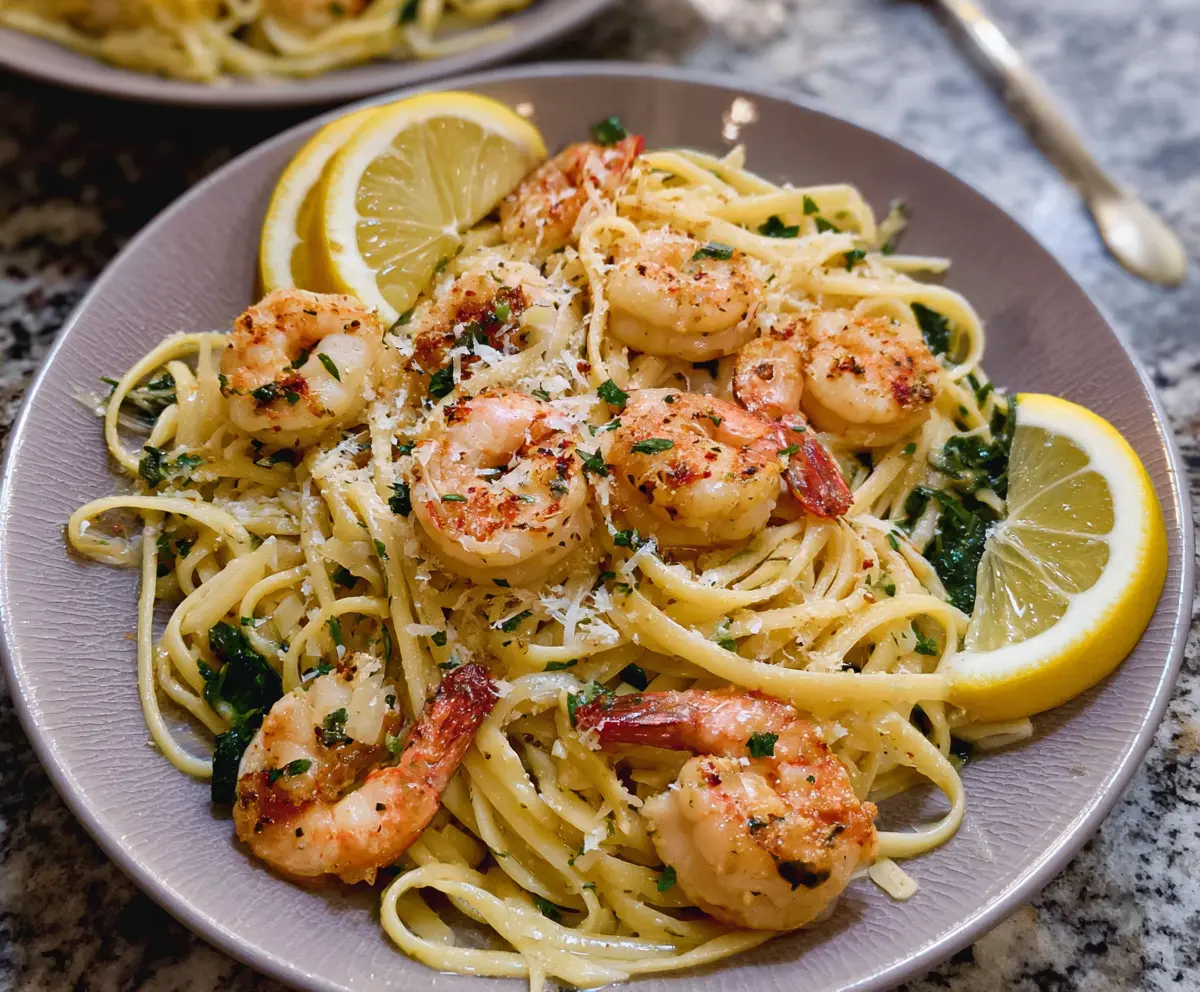 Delicious Lemon Garlic Shrimp Pasta served on a plate with fresh herbs and lemon slices.