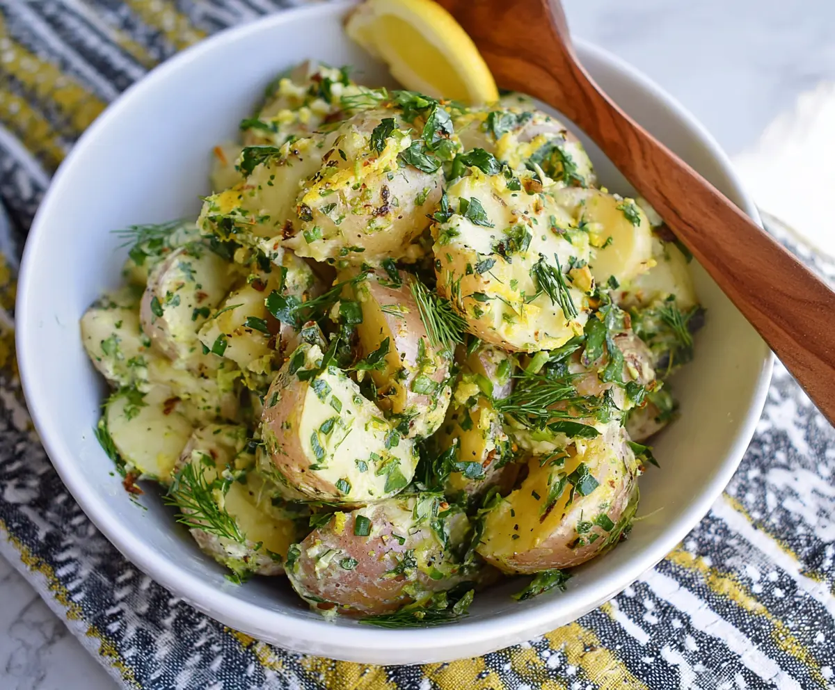 Fresh Lemon Herb Potato Salad with chopped herbs and lemon slices on a white plate.
