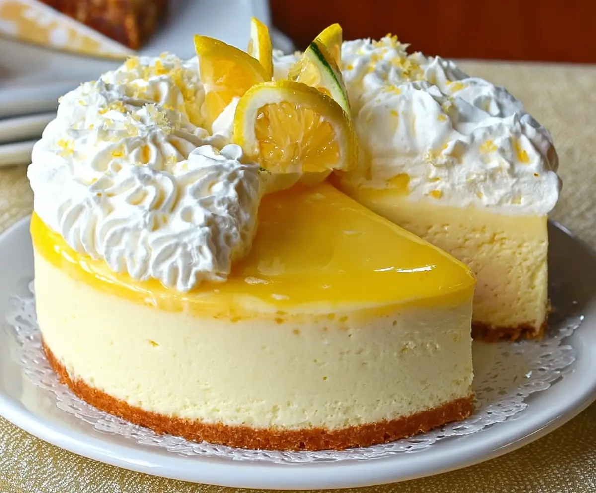 Delicious Lemon Mousse Cake with a light and fluffy texture, topped with fresh lemon slices.