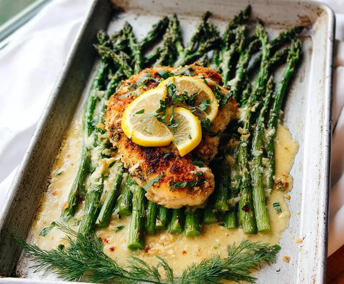 Delicious Lemon Parmesan Chicken served with fresh asparagus on a white plate.