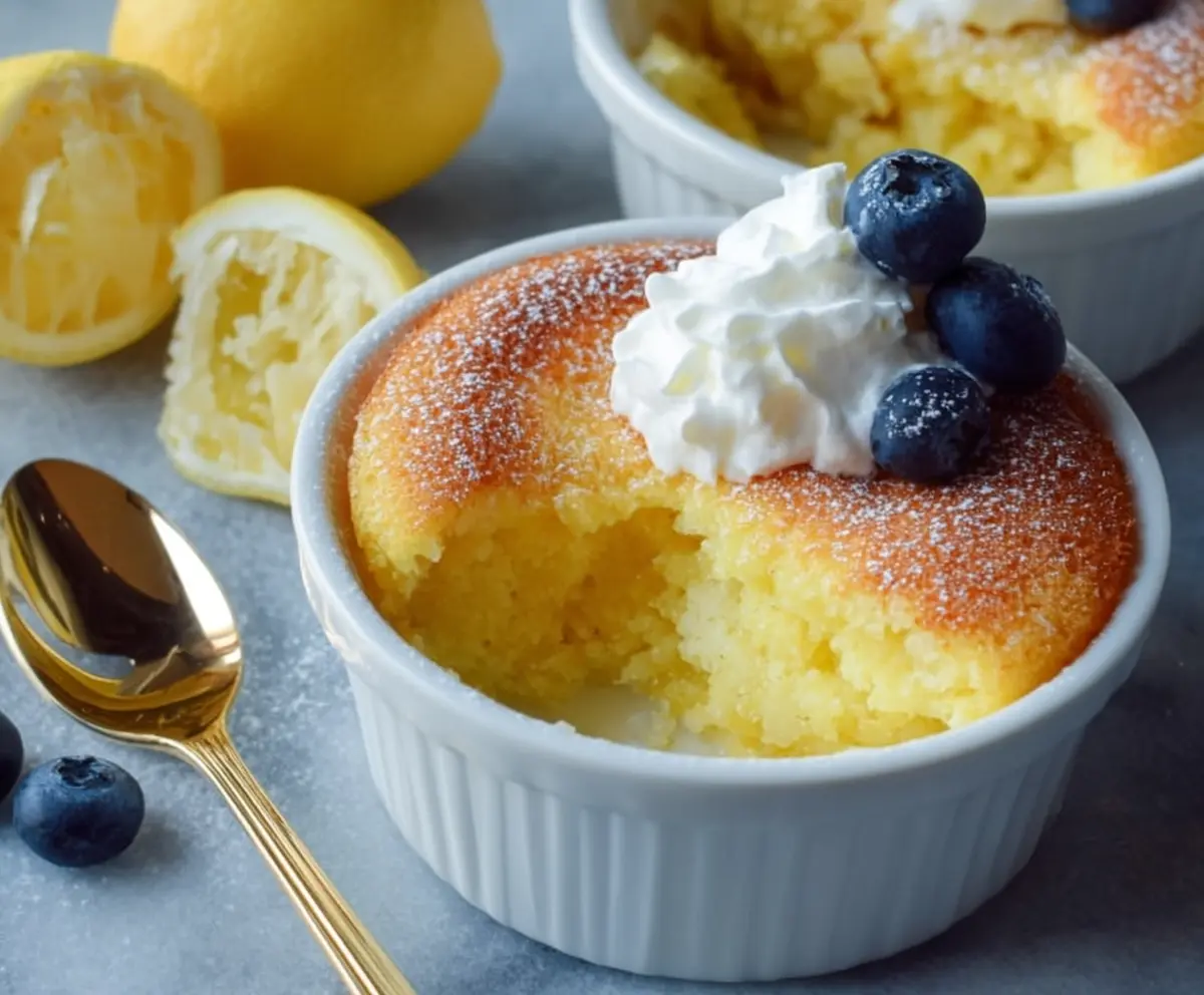 Delicious lemon pudding cake with a fluffy texture and zesty lemon flavor on a white plate.