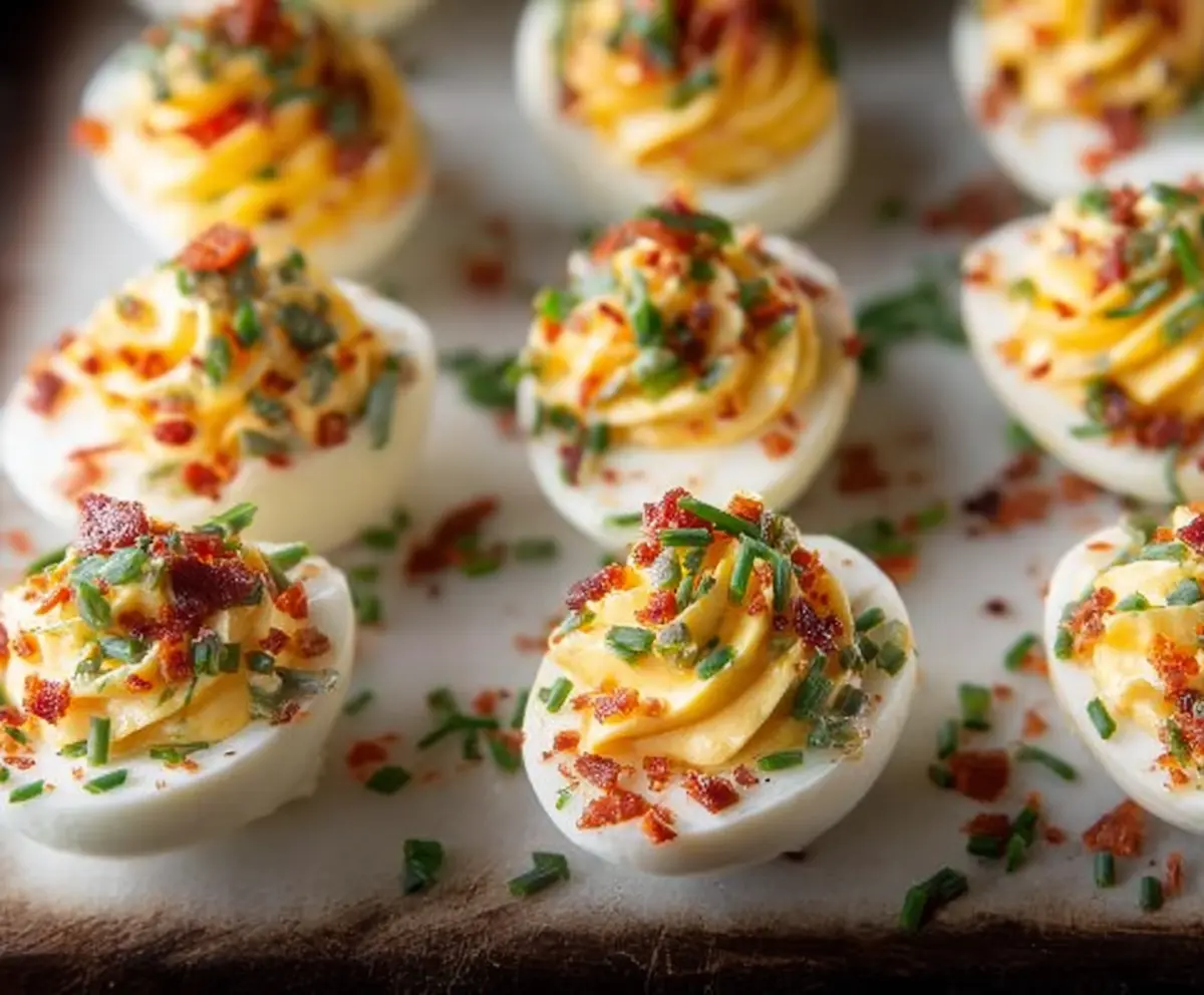 Loaded deviled eggs topped with bacon and chives on a white plate