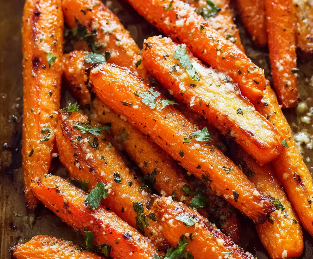 Bowl of Parmesan garlic roasted carrots garnished with herbs on a rustic wooden table