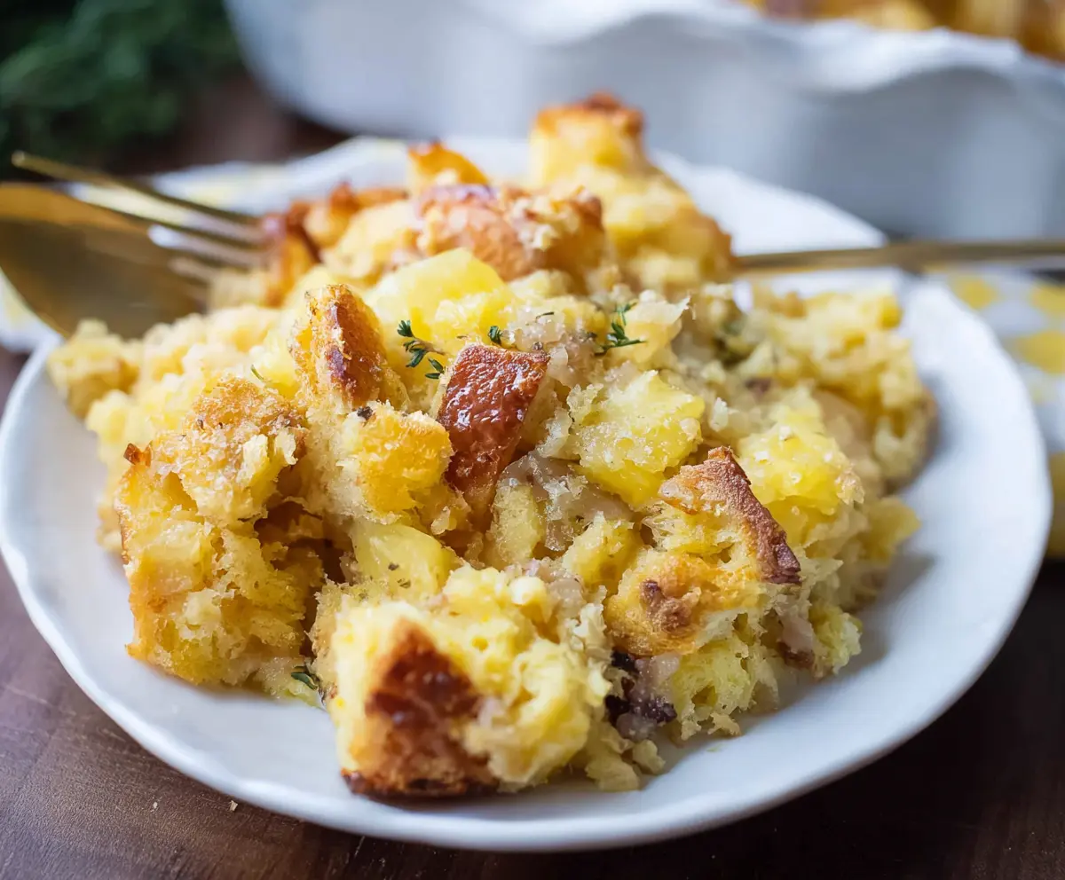Delicious pineapple stuffing served in a bowl, perfect for holiday celebrations.