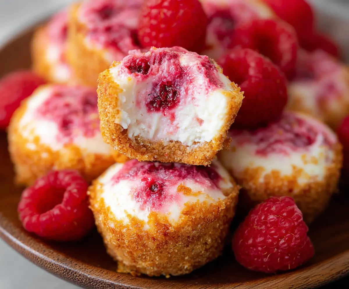 Delicious Raspberry Cheesecake Bites on a white plate, showcasing a creamy and fruity dessert perfect for snacking.