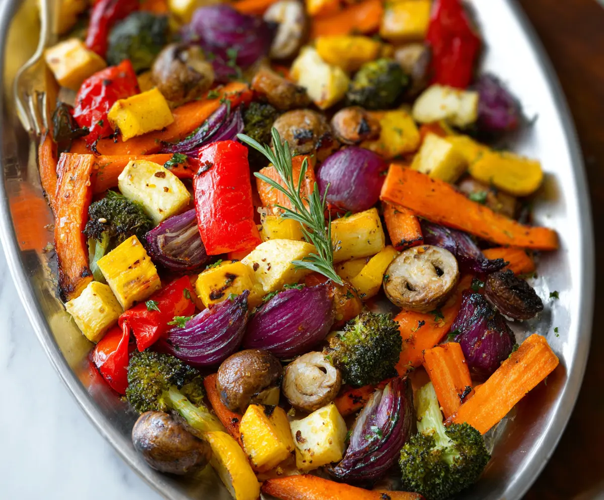 Colorful roasted vegetables including bell peppers, zucchini, and carrots on a baking tray.