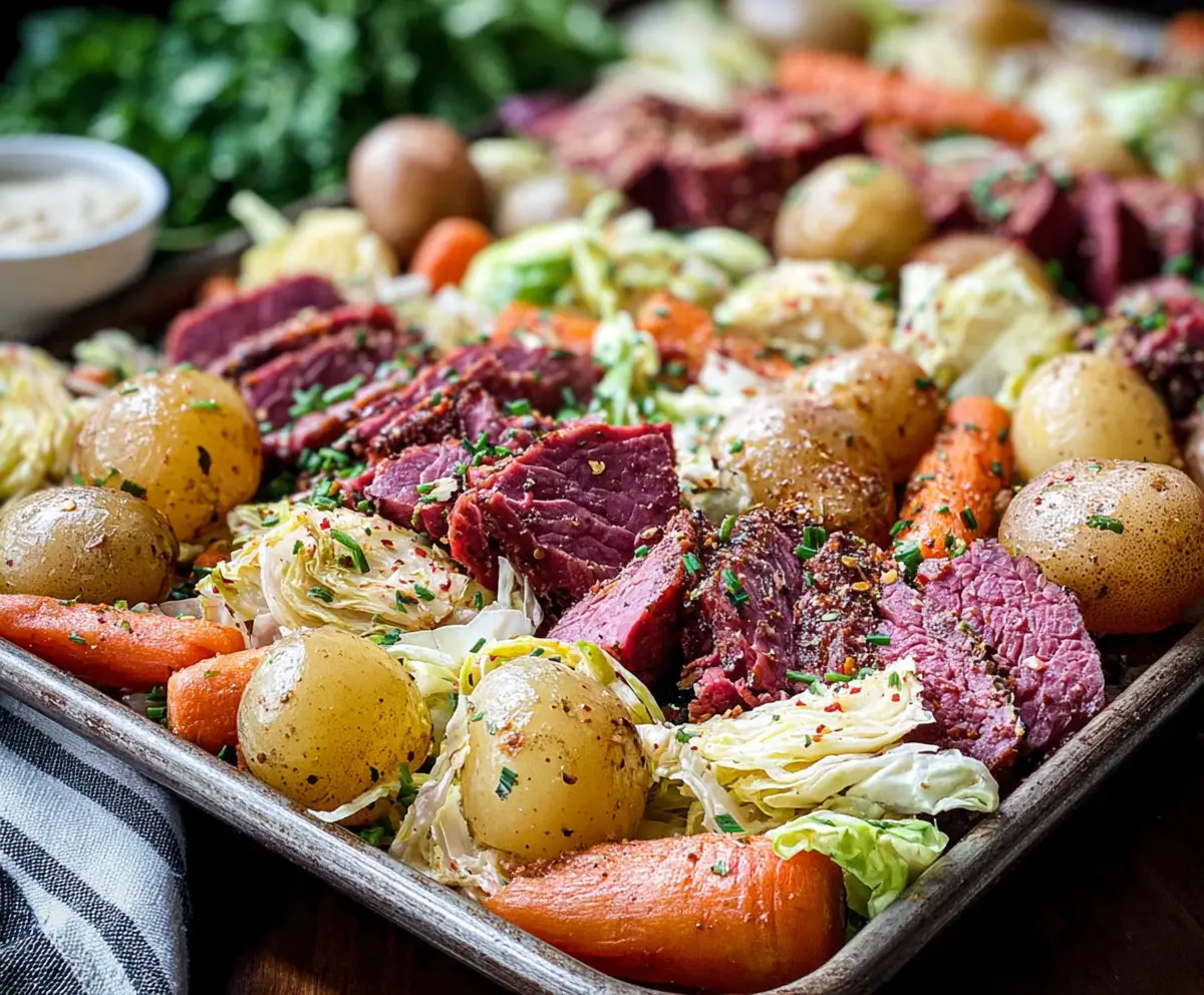 Delicious sheet pan corned beef and cabbage served with fresh vegetables for a hearty meal