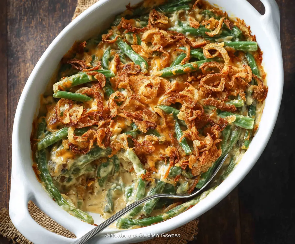 Delicious simple green bean casserole with crispy onion topping served in a baking dish.
