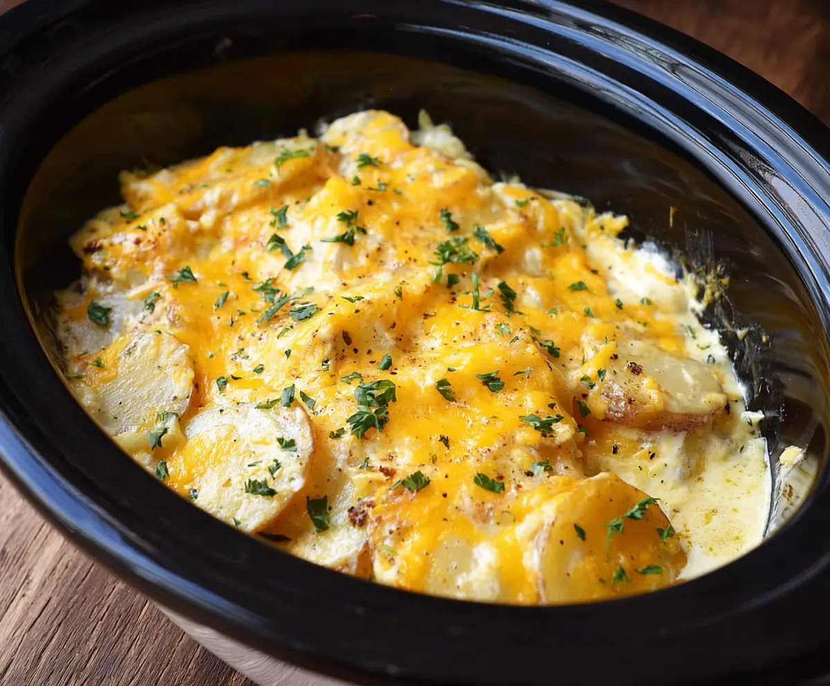 Delicious slow cooker scalloped potatoes with cheesy, creamy layers ready to serve.