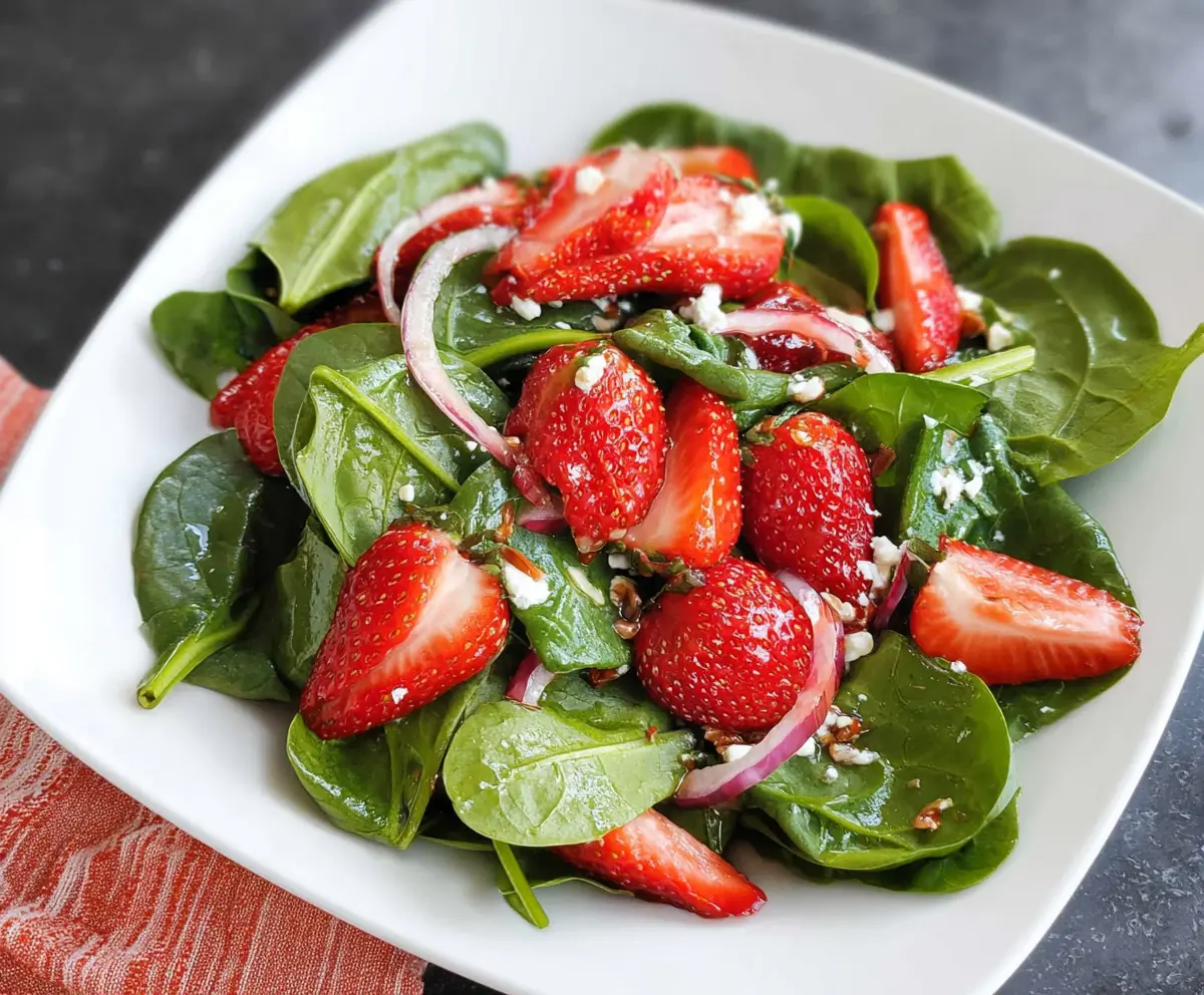 Fresh spinach and sweet strawberries in a vibrant spinach strawberry salad.