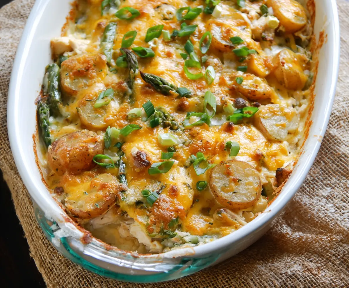 Delicious Spring Veggie Loaded Chicken Potato Casserole in a baking dish with colorful vegetables and tender chicken.