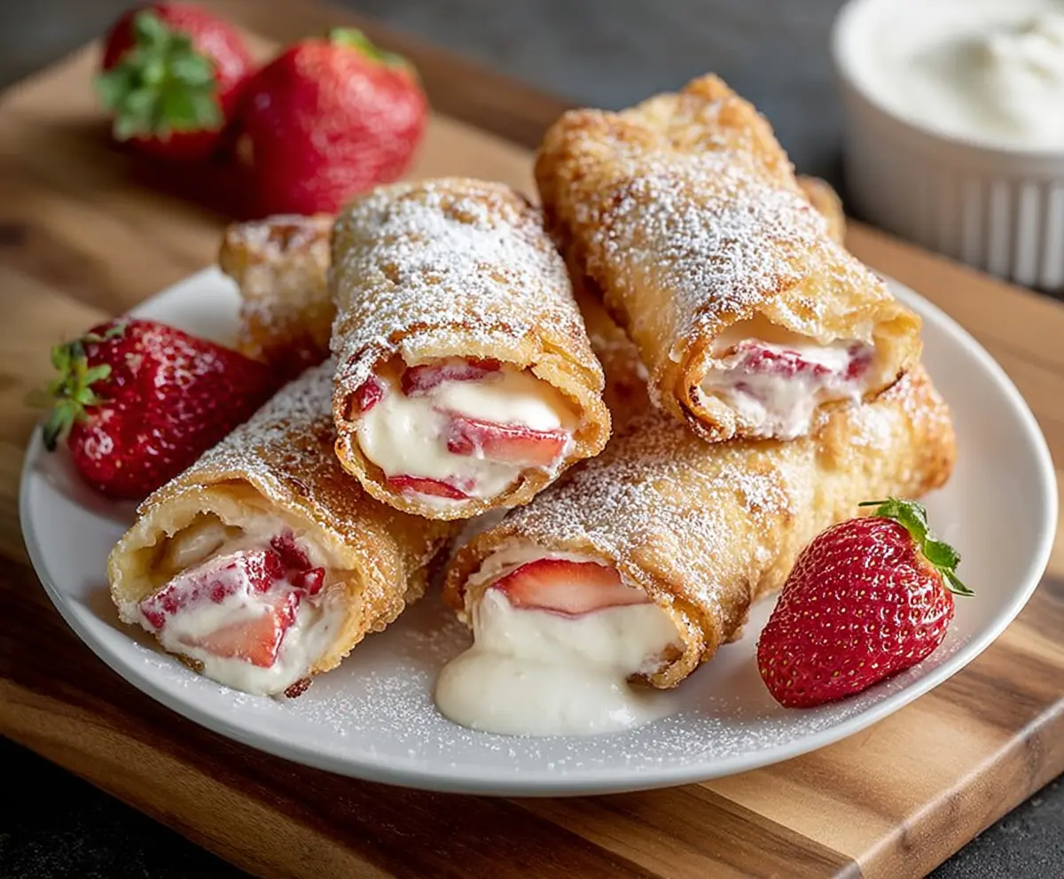 Delicious strawberry cheesecake egg rolls with creamy filling and crispy exterior