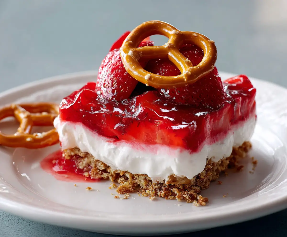 Delicious Strawberry Pretzel Dessert topped with fresh strawberries and creamy filling