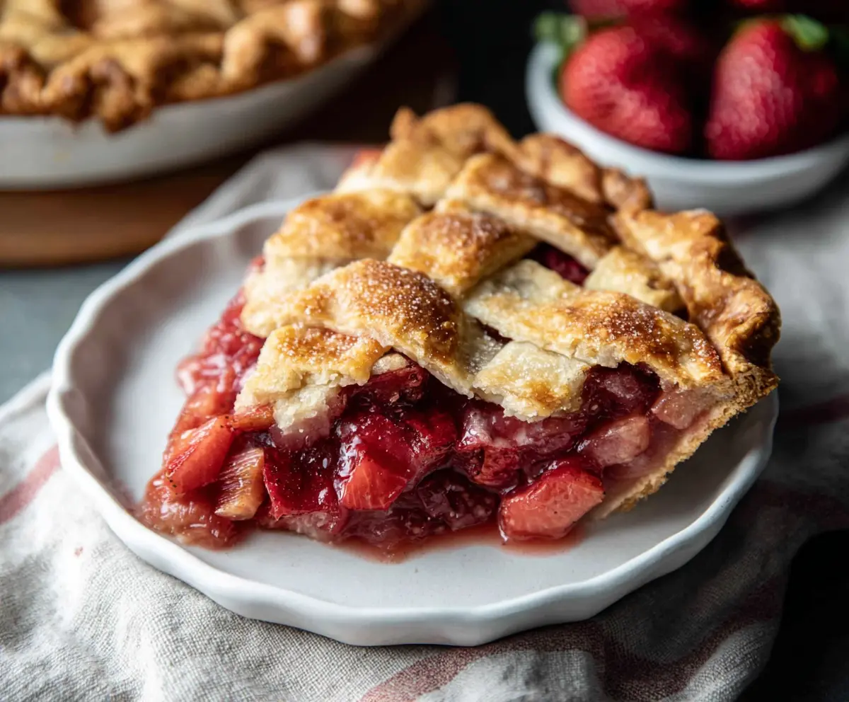 Delicious homemade strawberry rhubarb pie with a golden crust and fresh fruit filling