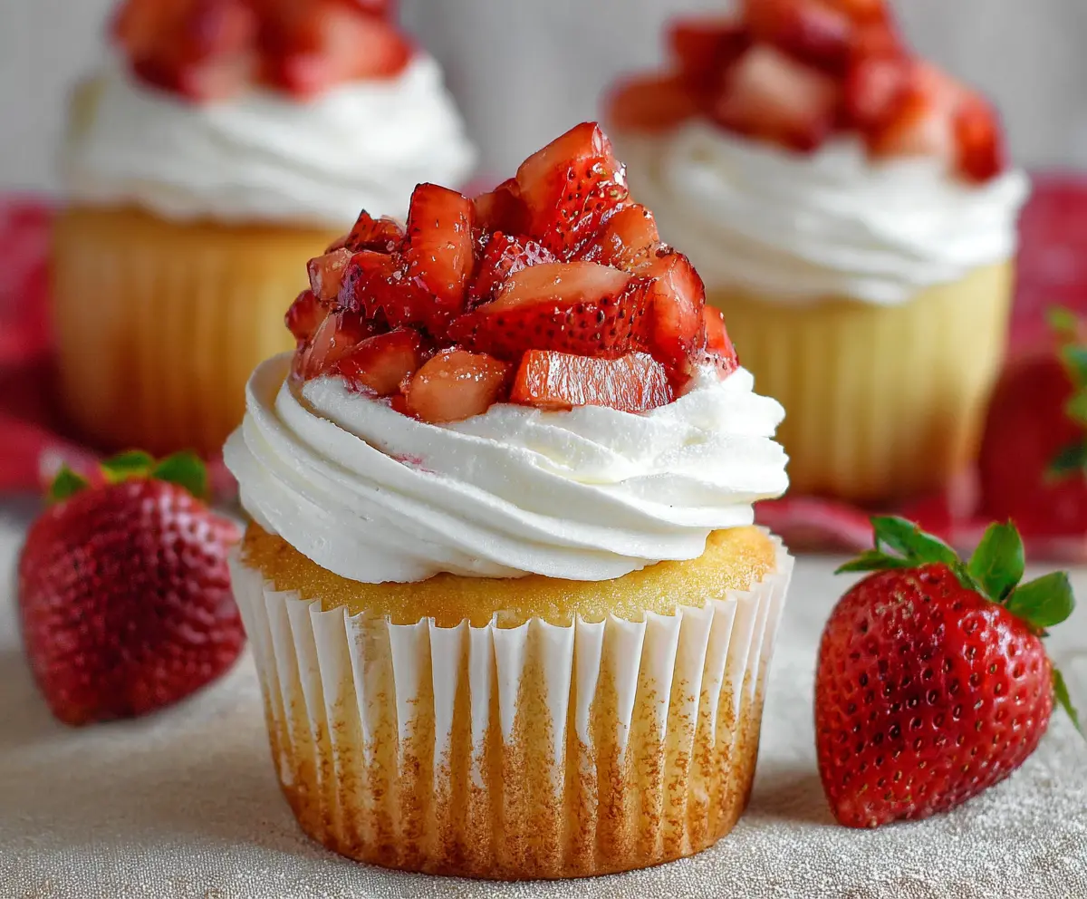 Delicious strawberry shortcake cupcakes topped with fresh strawberries and whipped cream.