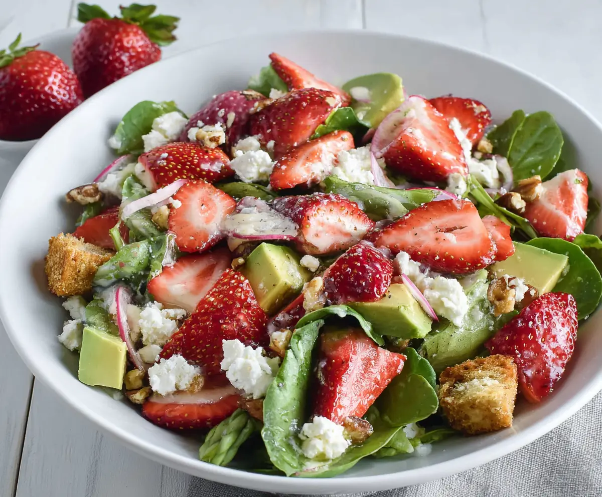 Fresh strawberry spring salad with mixed greens and light vinaigrette for a delicious healthy meal