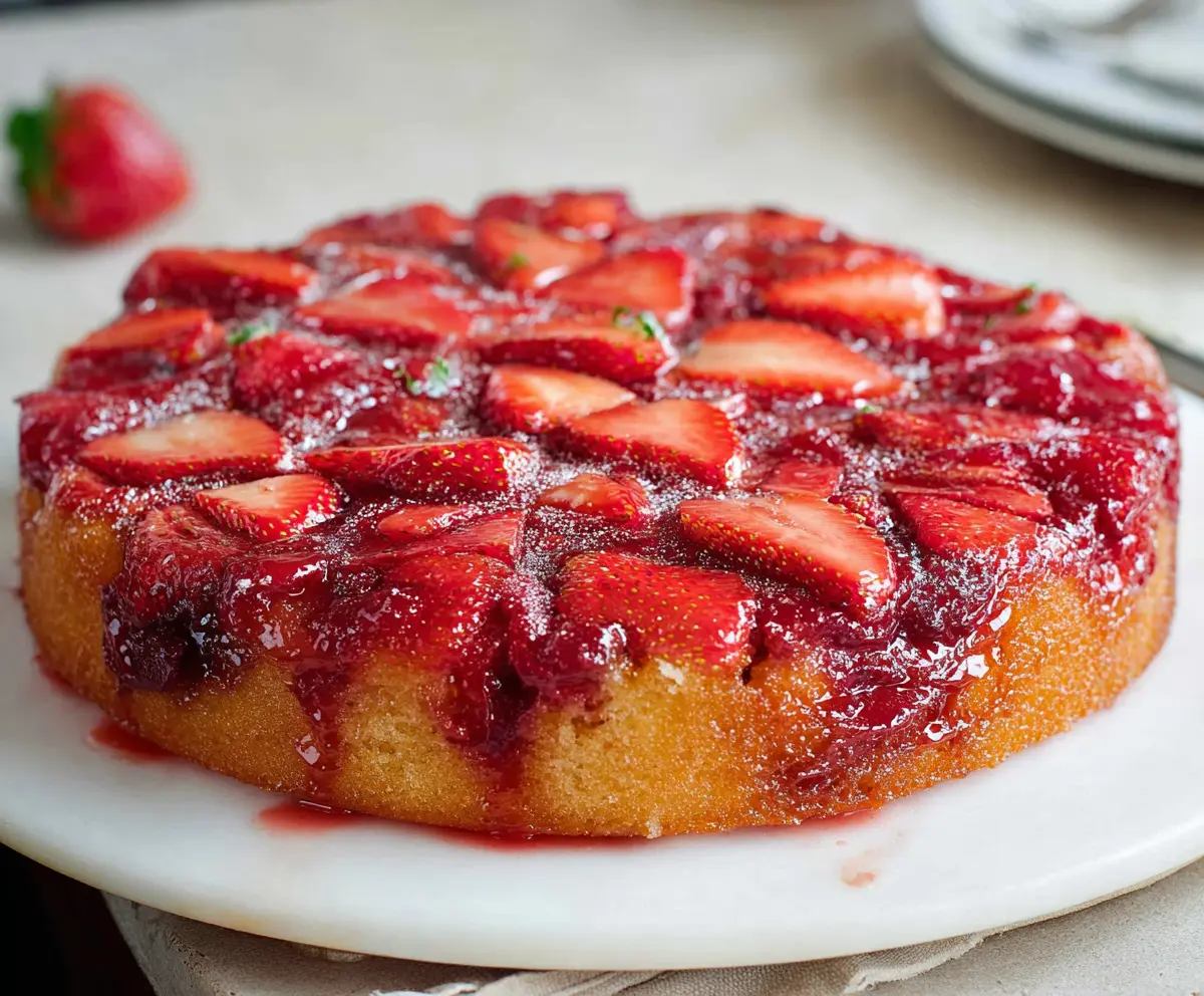Delicious strawberry upside down cake with fresh fruit and caramelized topping