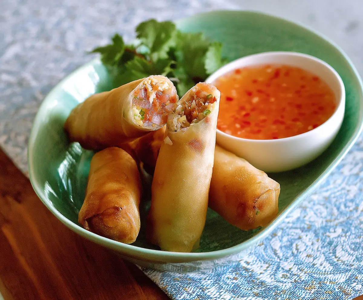 Delicious Thai chicken spring rolls wrapped in rice paper served with sweet chili sauce for a flavorful appetizer.
