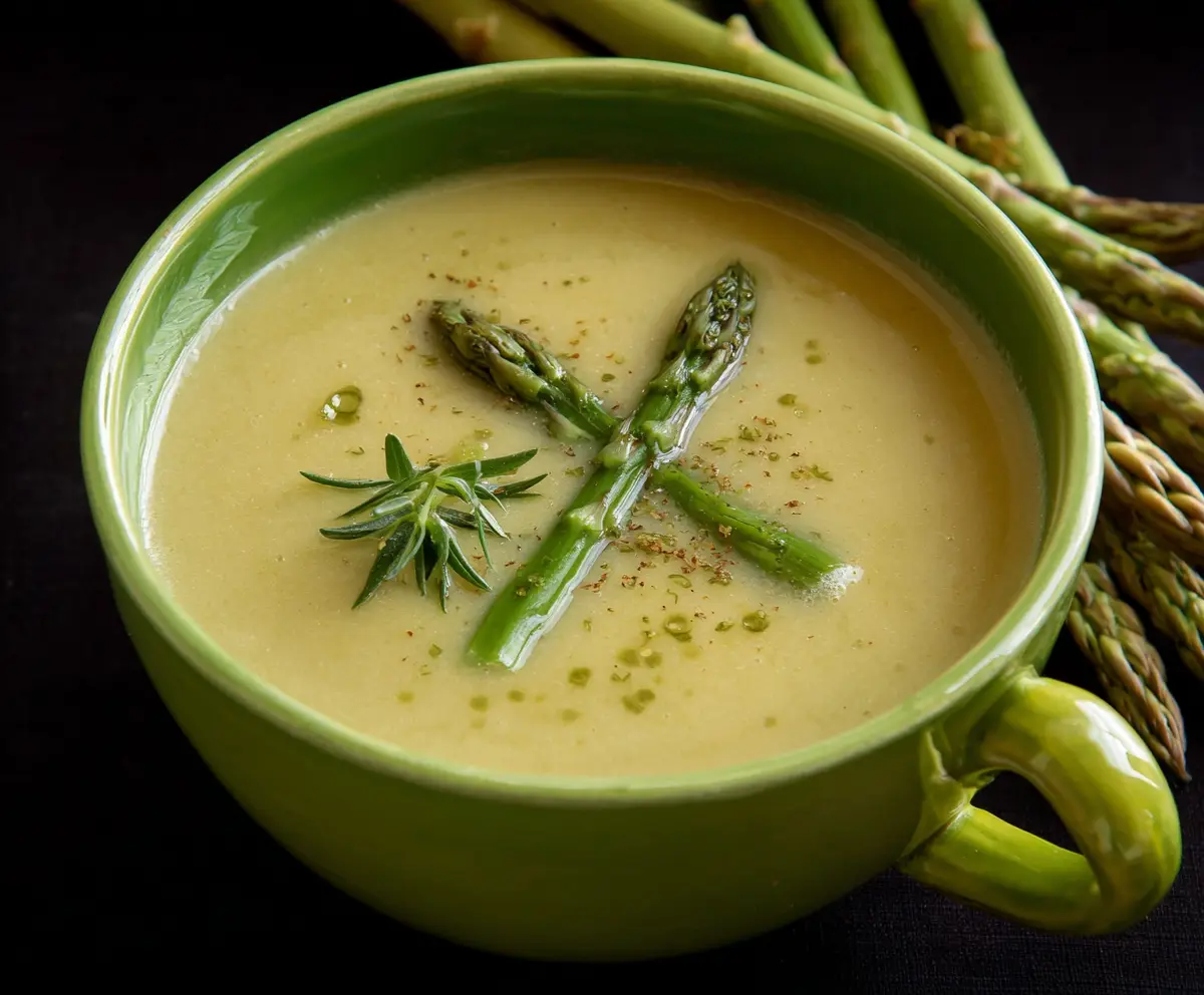 Creamy asparagus and leek soup served in a bowl, garnished with fresh herbs.