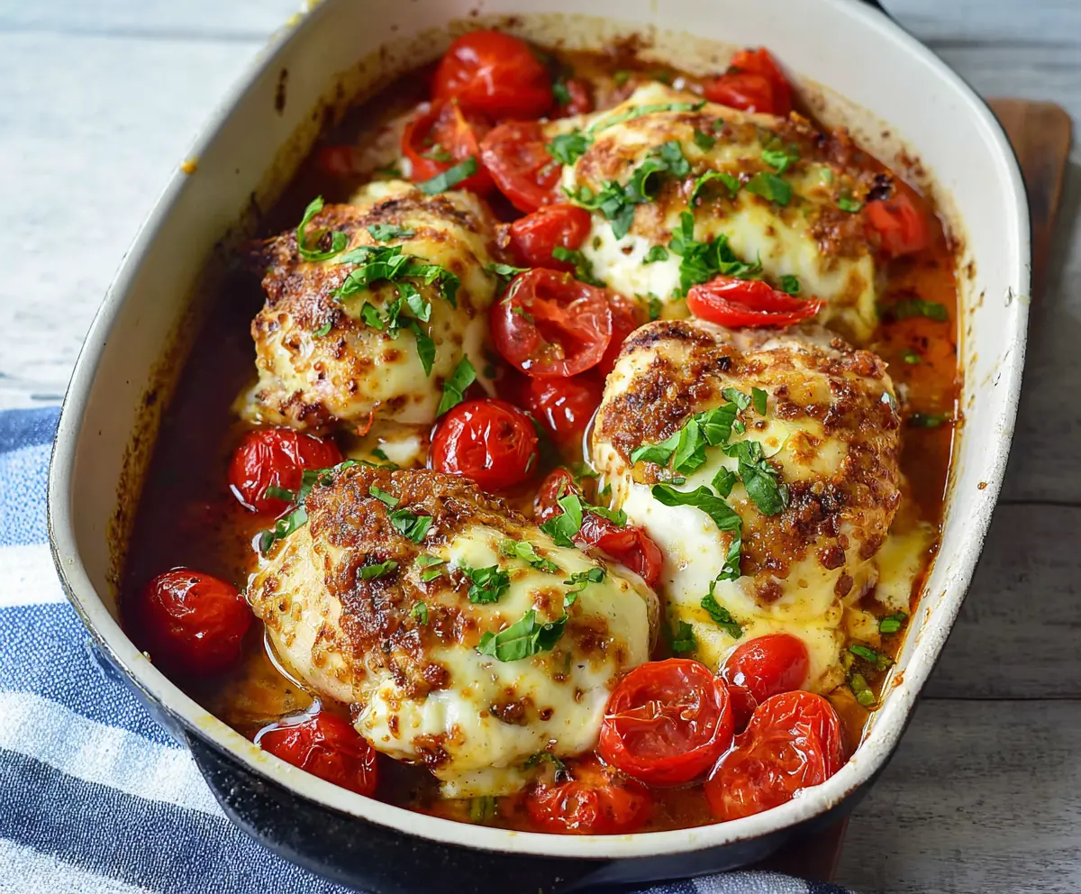Delicious baked Caprese chicken topped with fresh basil and melted mozzarella cheese on a plate.