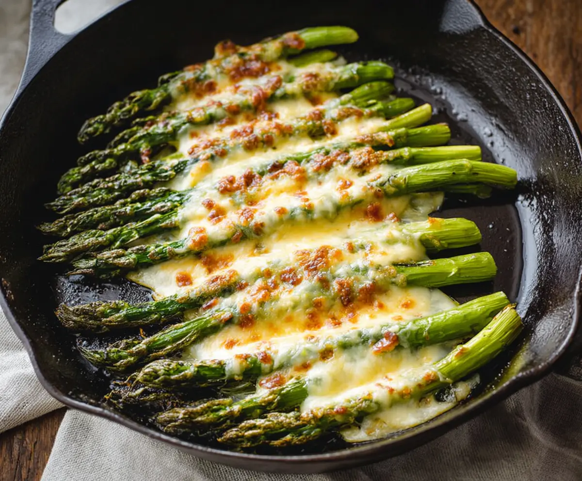 Delicious Cheesy Baked Asparagus topped with melted cheese and fresh herbs.