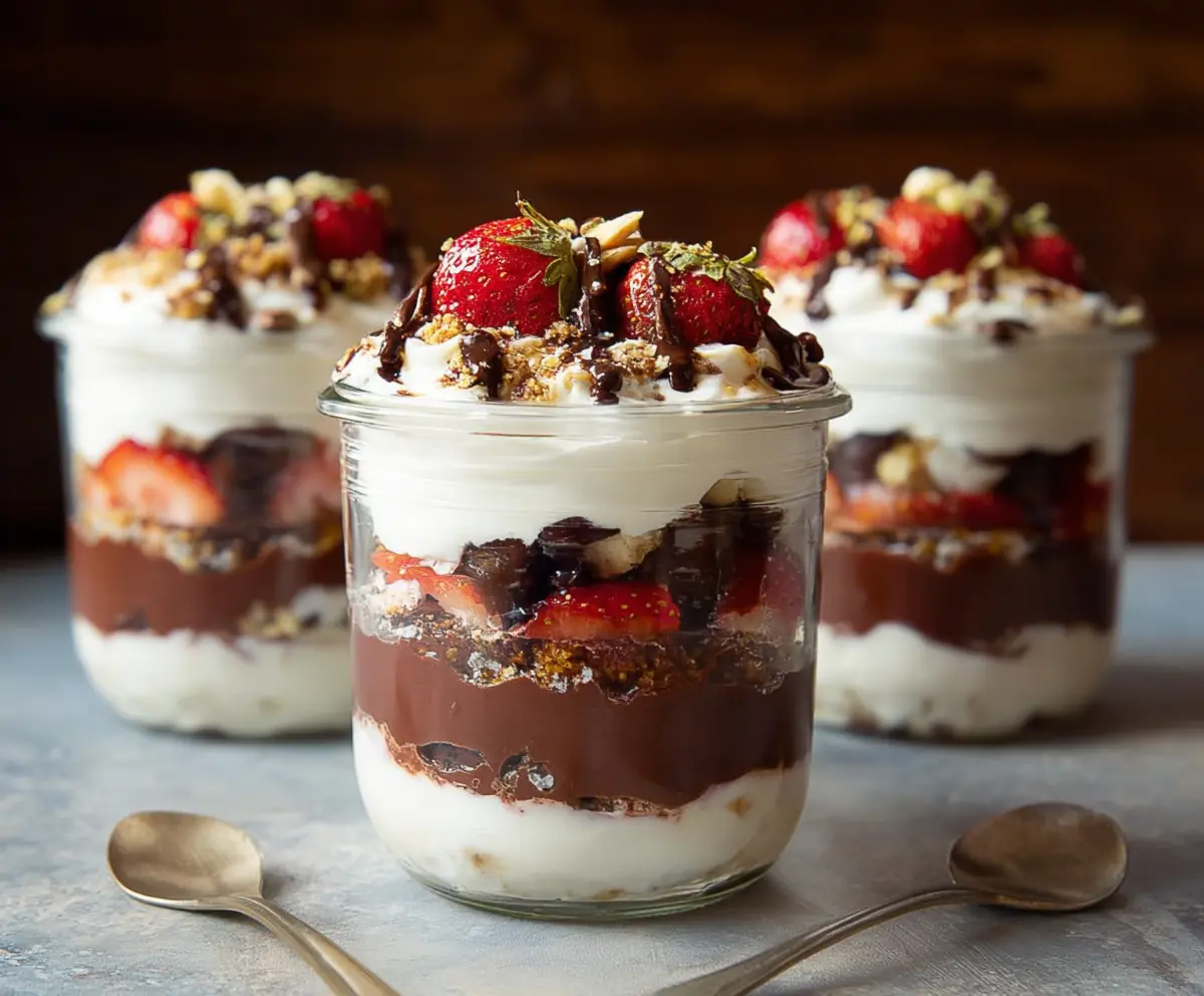 Delicious chocolate and strawberry layered parfaits in a glass, perfect for dessert lovers.