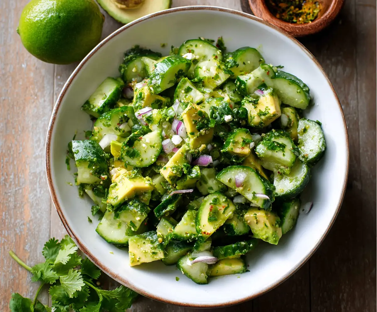 Fresh Cilantro Lime Cucumber Salad with Creamy Avocado slices, perfect for a healthy refreshment.