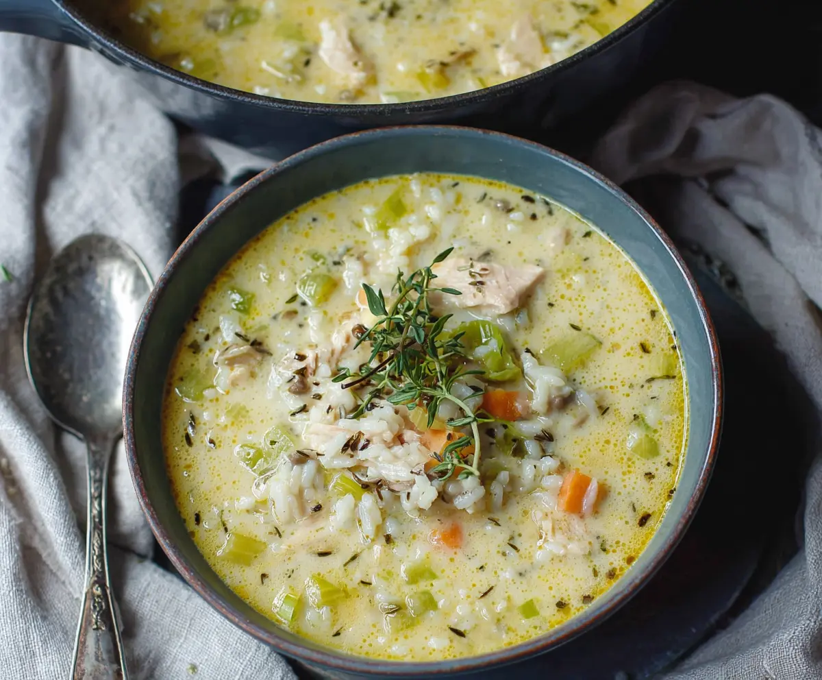 Creamy leek, chicken, and rice soup in a bowl with fresh herbs topping for a hearty meal.
