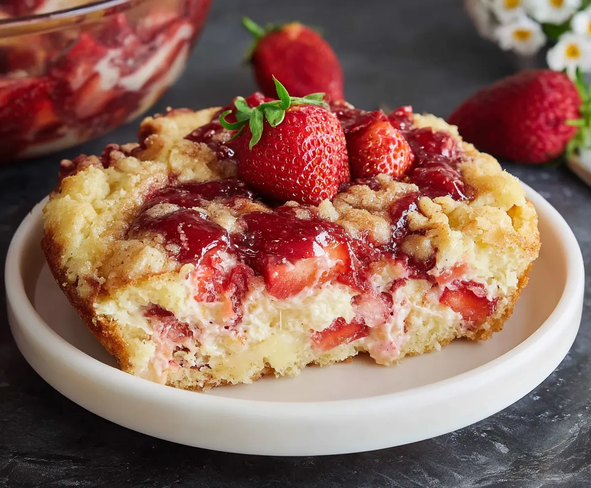 Delicious Easter Strawberry Cheesecake Dump Cake with fresh strawberries and creamy cheesecake topping