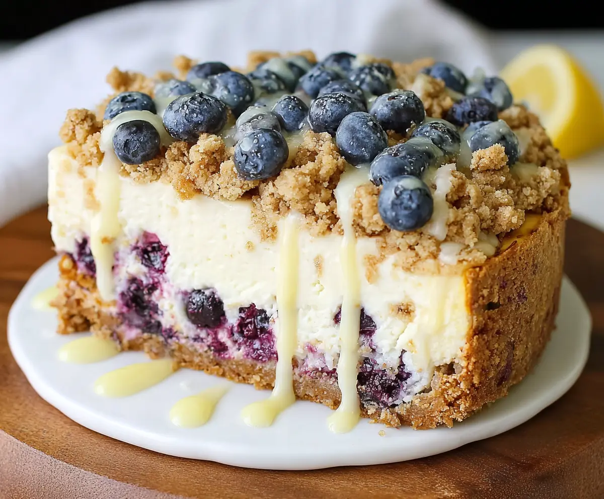Delicious Lemon Blueberry Crumble Cheesecake with a golden crust and vibrant berry topping.