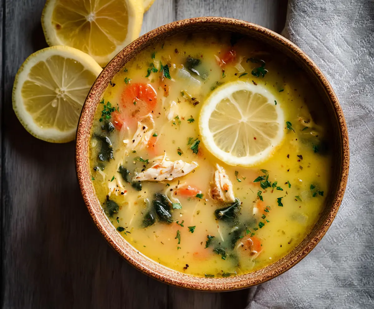 Delicious Mediterranean Lemon Chicken Soup in a bowl with fresh herbs and lemon slices