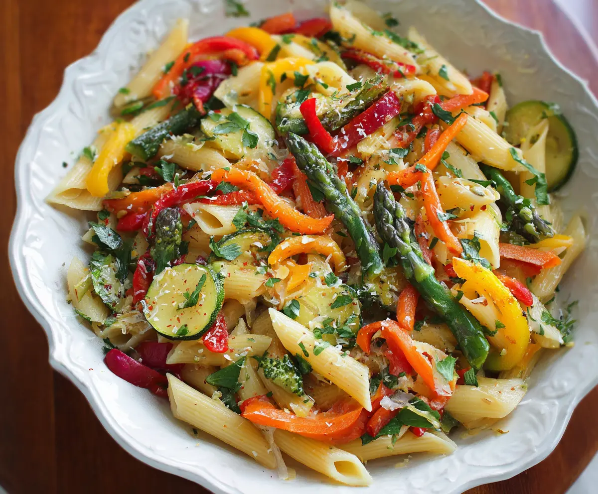 Colorful Pasta Primavera with fresh vegetables and herbs on a white plate