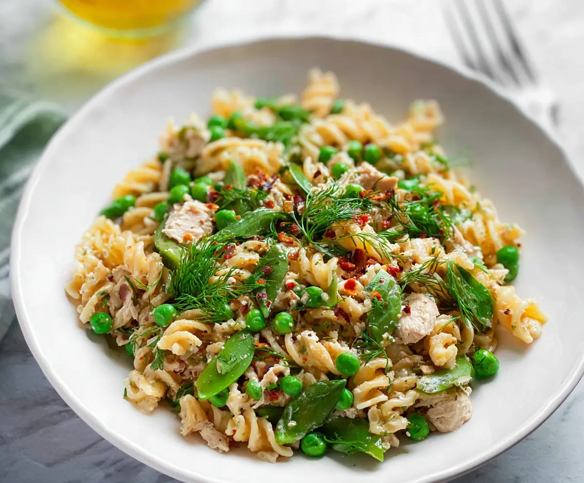 Fresh Spring Pasta Salad with Protein, featuring colorful vegetables and grilled chicken in a vibrant dish.