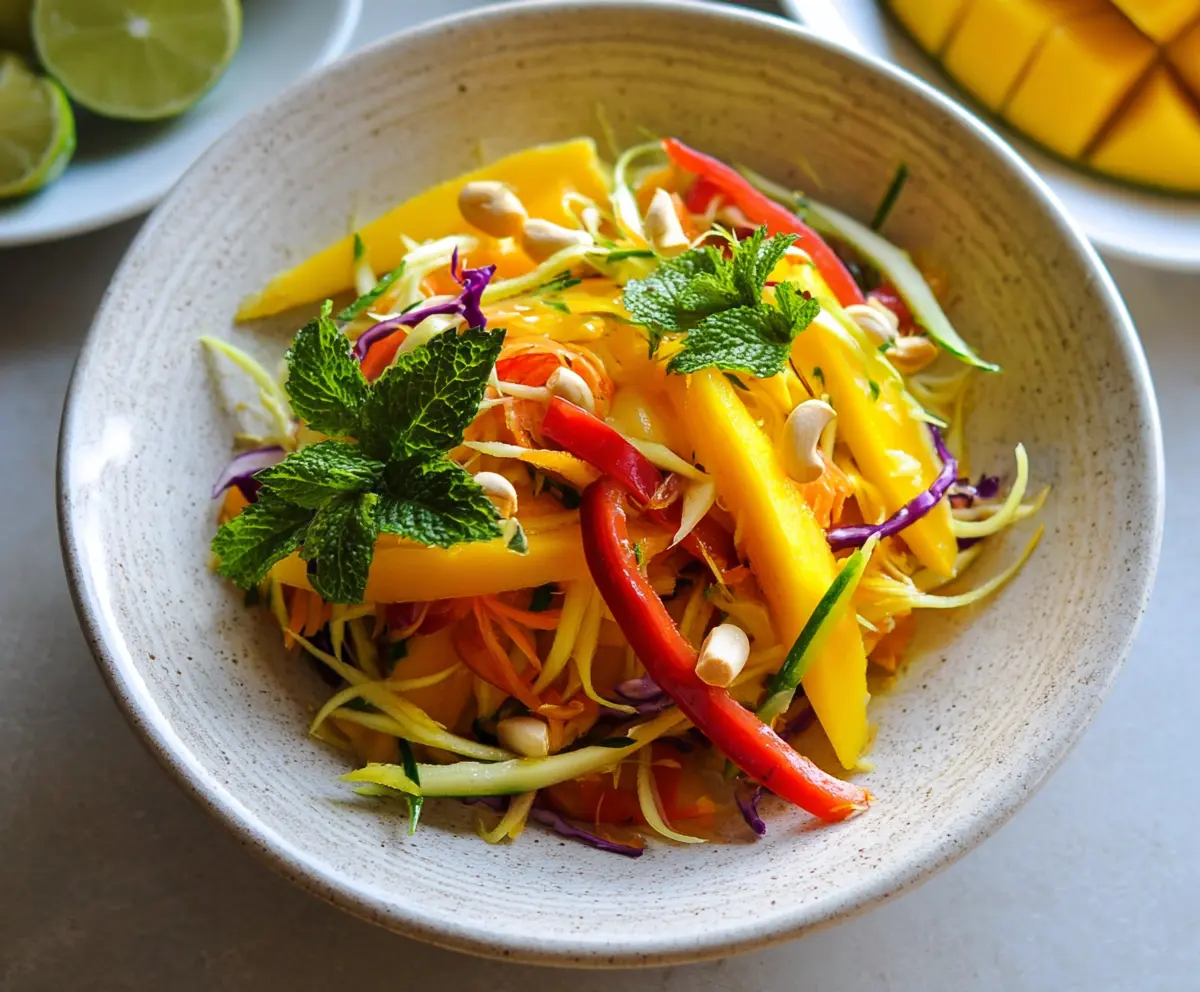 Fresh Thai Mango Salad with herbs, lime, and chili for a flavorful tropical dish