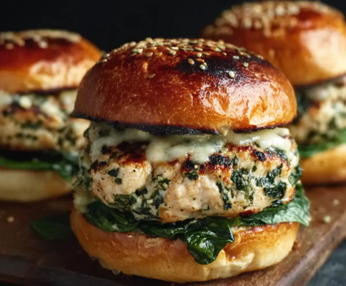 Delicious white cheddar spinach chicken burgers served with fresh toppings on a plate.