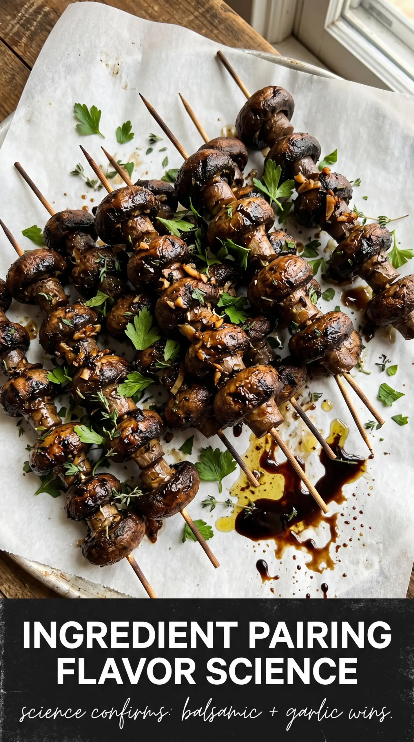 Balsamic Garlic Grilled Mushroom Skewers with balsamic glaze and grilled mushrooms