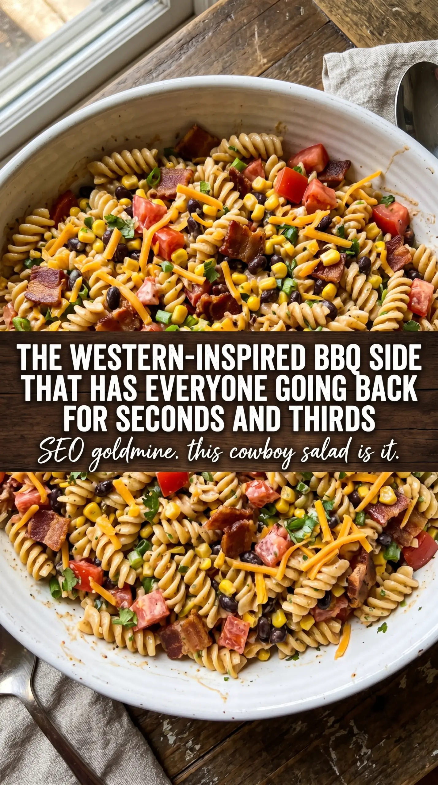 Cowboy Pasta Salad with creamy ranch BBQ dressing, crunchy corn chips, and hearty Southwestern ingredients