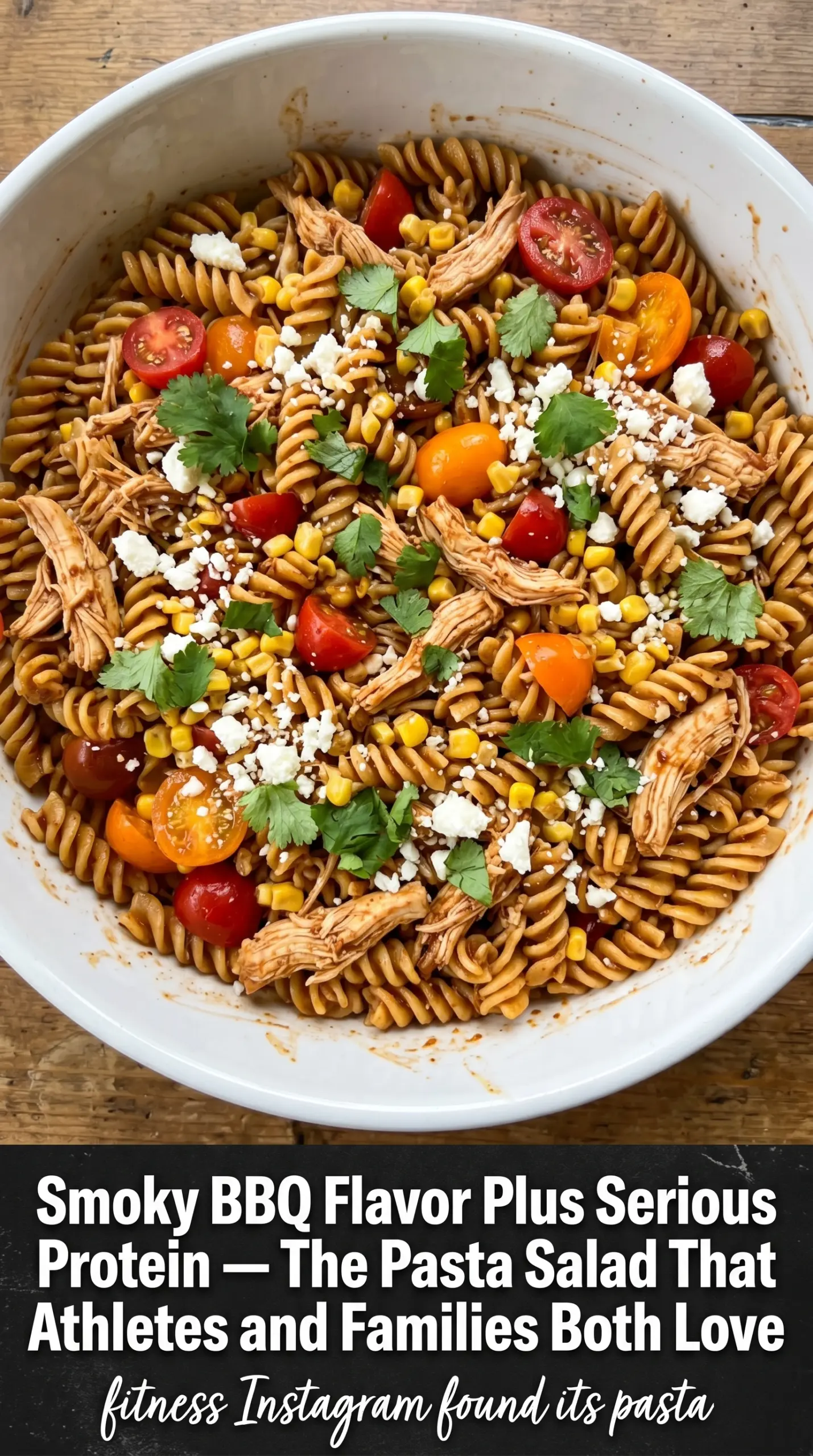 High Protein BBQ Chicken Pasta Salad with BBQ chicken, corn, and beans