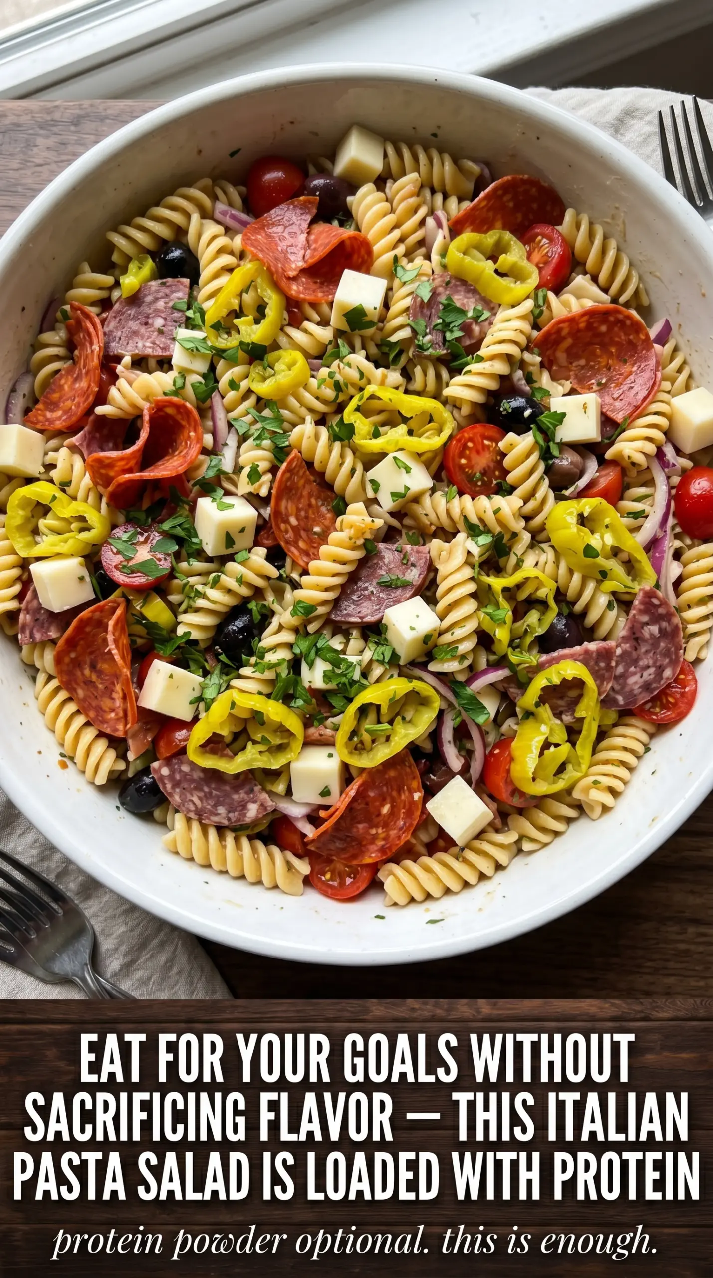 High-Protein Italian Pasta Salad with chicken, chickpeas, and mozzarella