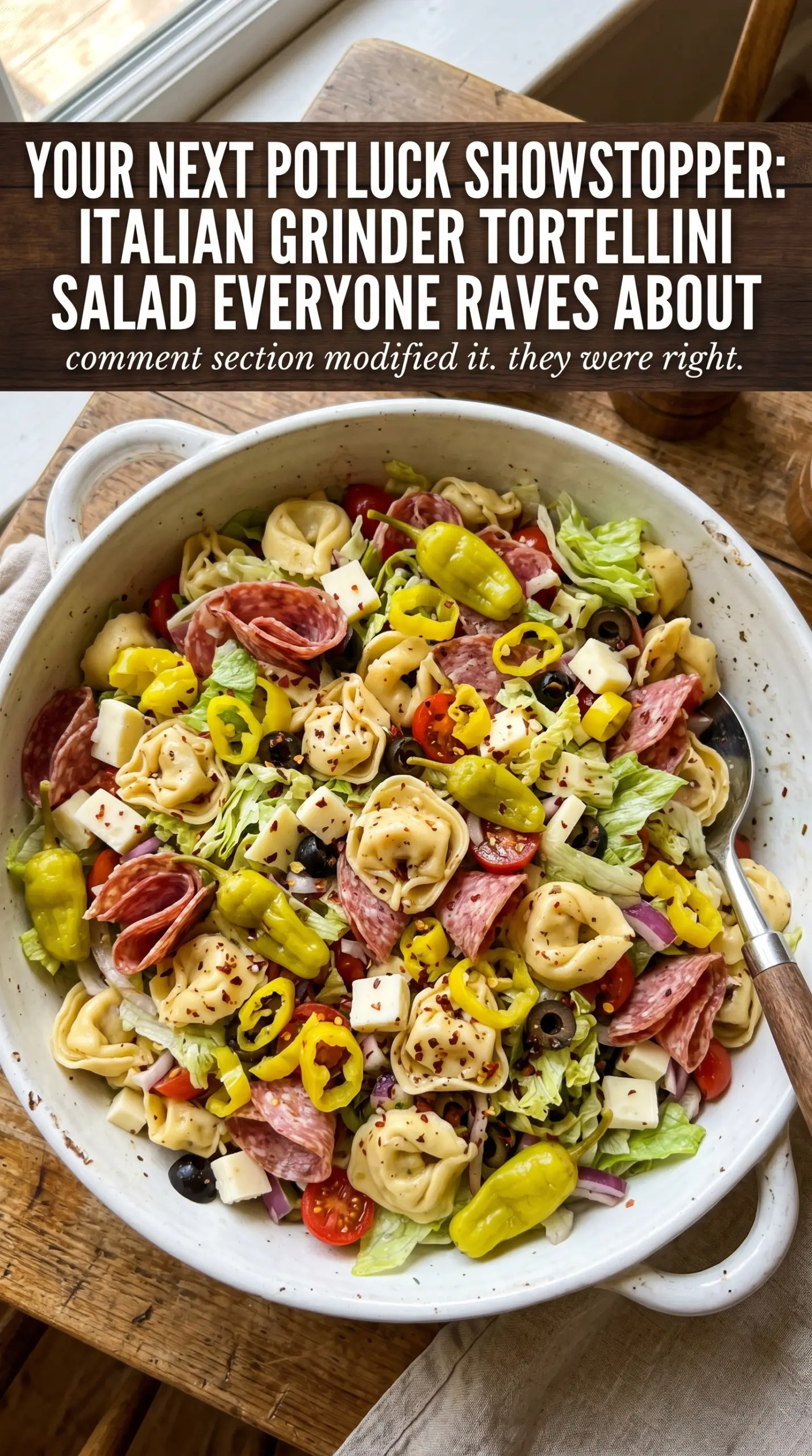 Italian Grinder Tortellini Salad with tortellini, salami, pepperoni