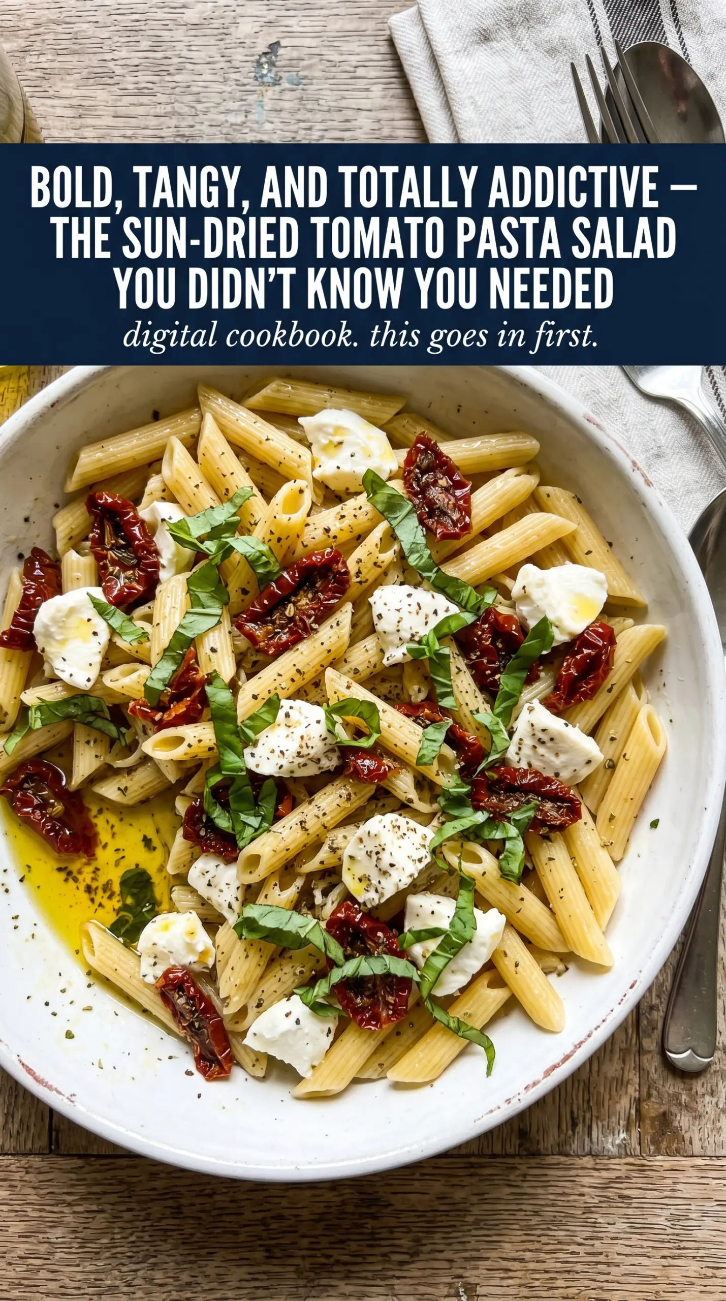 Sun-Dried Tomato Pasta Salad with feta, olives, and spinach