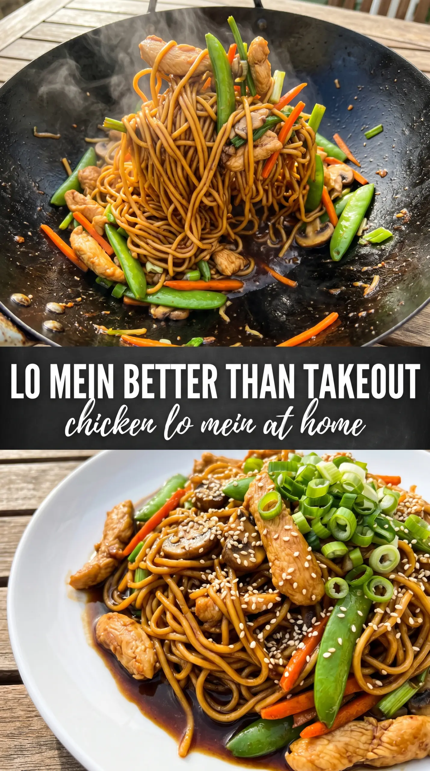 Chicken lo mein glossy noodles tender vegetables