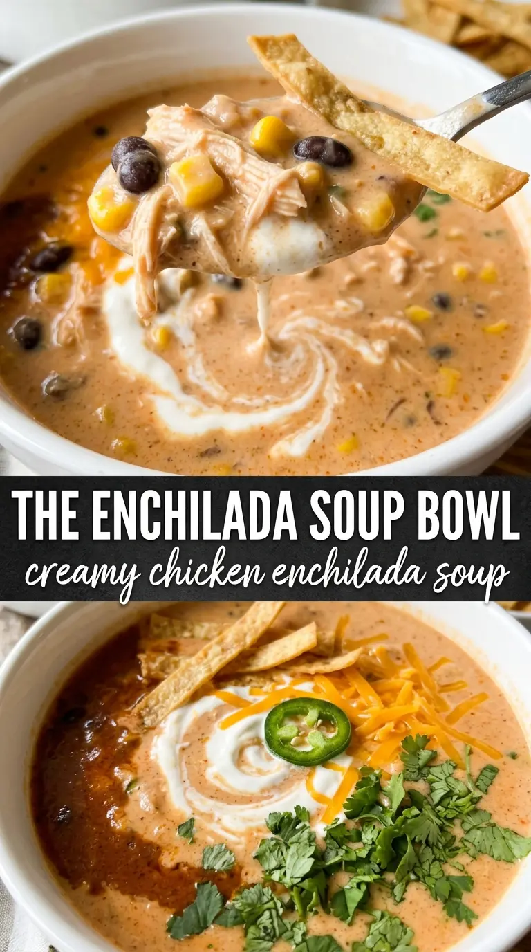 Creamy Chicken Enchilada Soup creamy rust-red Tex-Mex soup