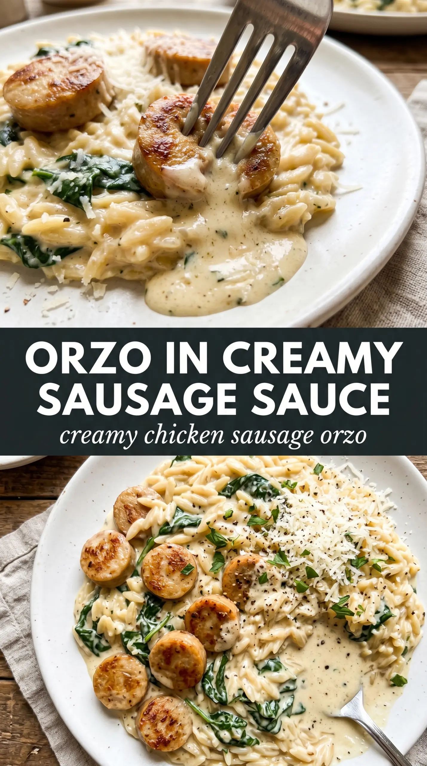 Creamy Chicken Sausage Orzo creamy skillet, parmesan, spinach