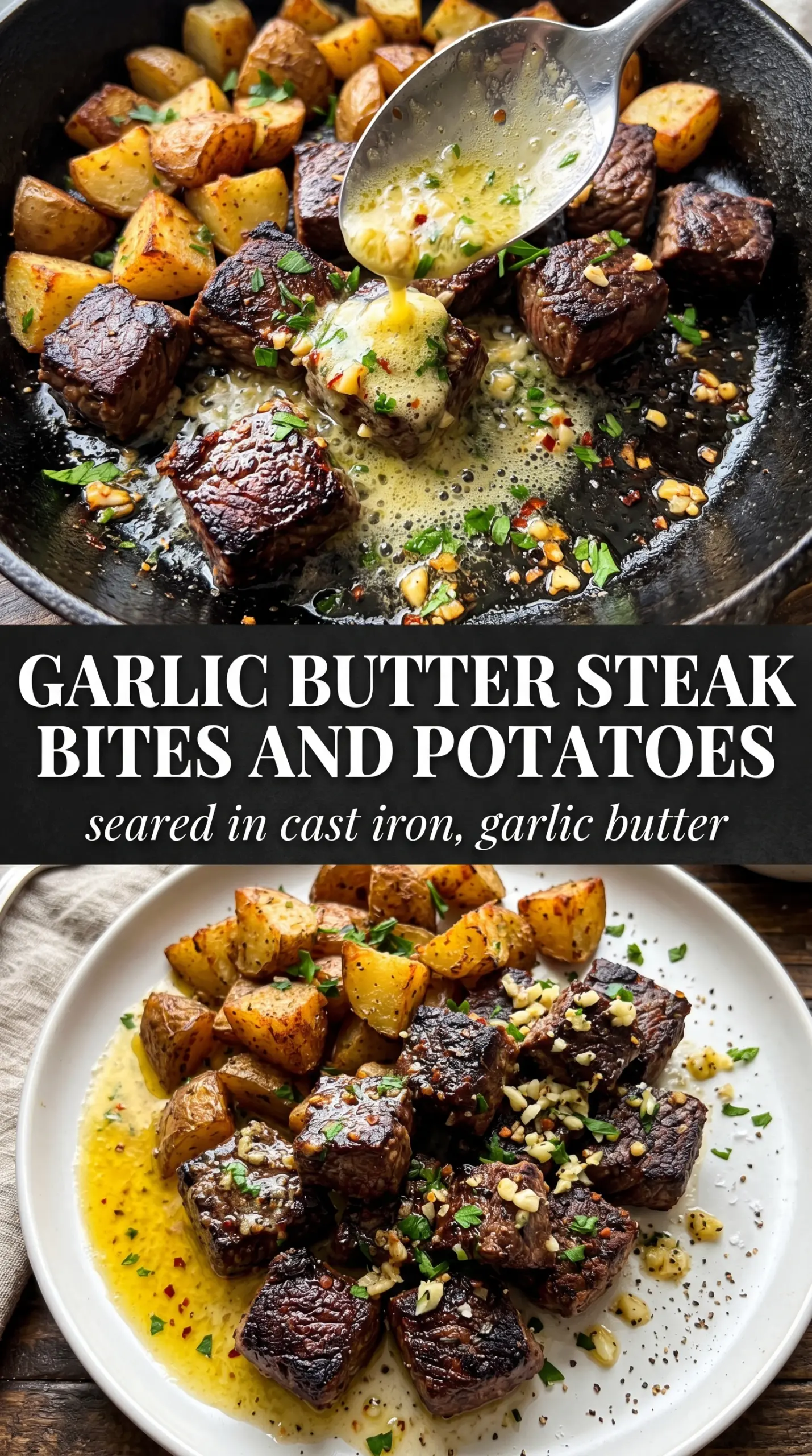 Garlic Steak Bites and Potatoes crispy skillet dinner