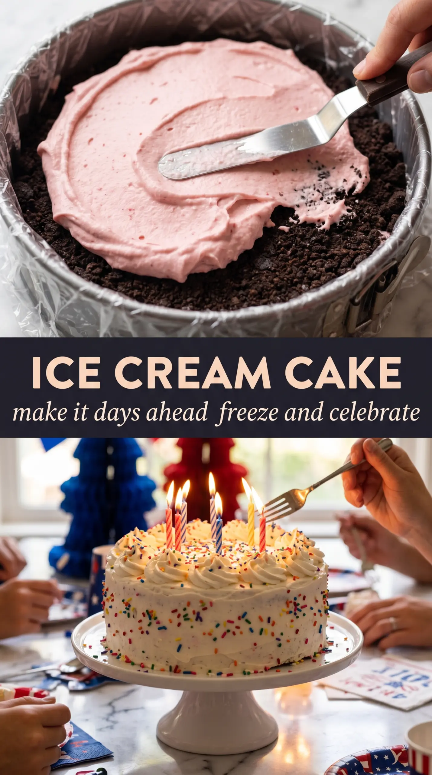 Ice cream cake Oreo vanilla strawberry fudge