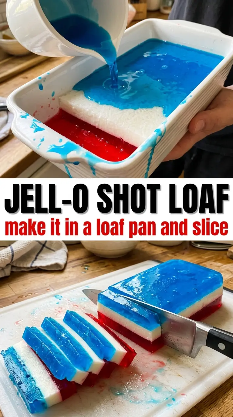 Red, white and blue Jell-O shots layered patriotic, glossy