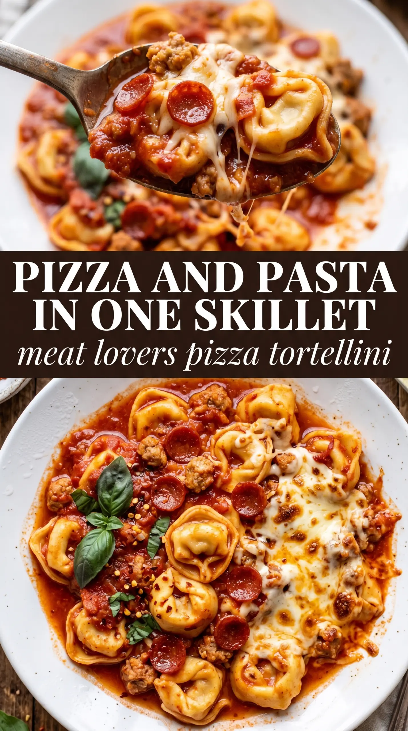 Meat Lovers Pizza Tortellini cheesy skillet pasta